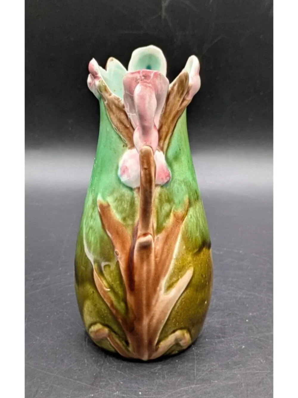 Antique Art Nouveau French Majolica Barbotine Naturalistic Floral Vase 5.5”